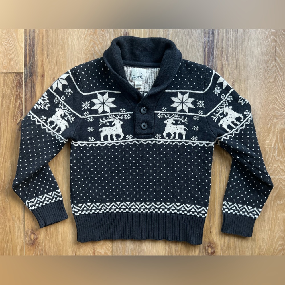 Peek Kids Fair Isle Reindeer Shawl Collar Sweater Black & Cream Medium 6–7 Years